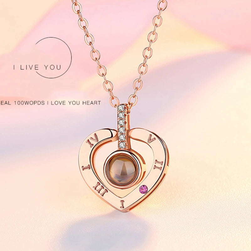 100 Languages "I Love You" Projection Necklace. Romantic pendant for women, displaying "I Love You" in 100 languages. Perfect for weddings, Valentine's Day, and special occasions