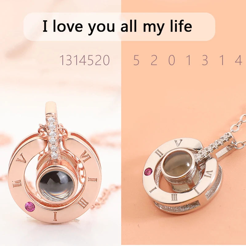 100 Languages "I Love You" Projection Necklace. Romantic pendant for women, displaying "I Love You" in 100 languages. Perfect for weddings, Valentine's Day, and special occasions