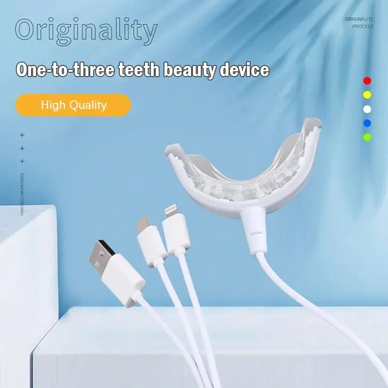 LED Teeth Whitening Lamp - Blue Light UV Device. CE-approved, USB-rechargeable, and portable, this lamp enhances whitening treatments with blue light UV technology and includes a gel tray for effective whitening and gum care.