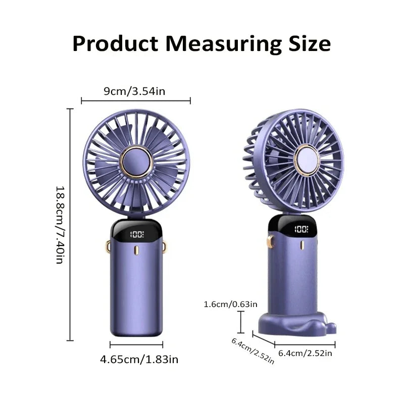 Foldable Portable Neck Hanging Mini Fan - USB Rechargeable, 5-Speed, with Phone Stand and Display Screen, 1800mAh